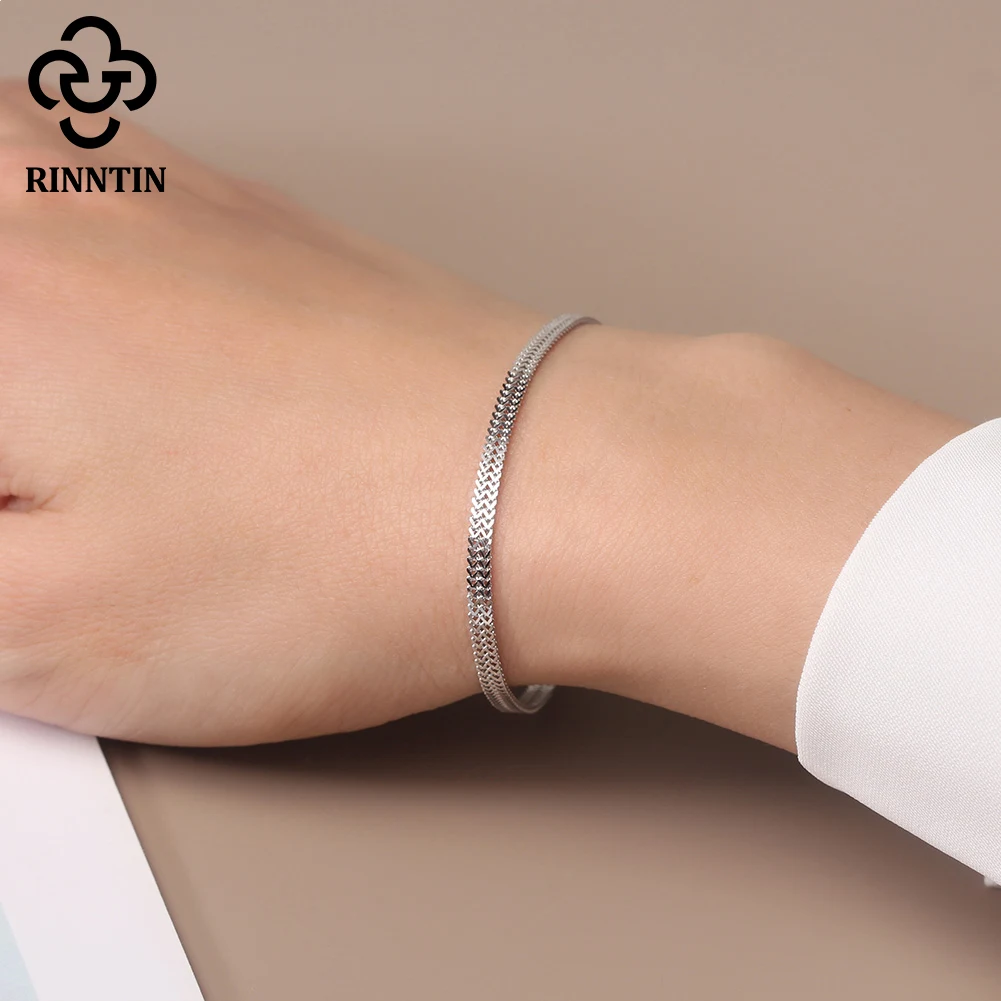 Rinntin 925 Sterling Silver 2.8mm Flat Mesh Chain Bracelets Hight-Quality Bangle Chain Simple Women Men Daily Accessories SB216