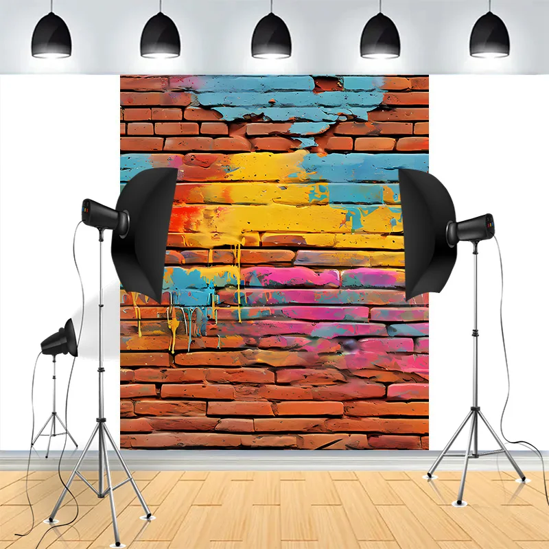 

Graffitistyle Rainbow Painted Brick Wall Background Damaged Rustic Texture Vibrant Grunge Photography Backdrops BK-14