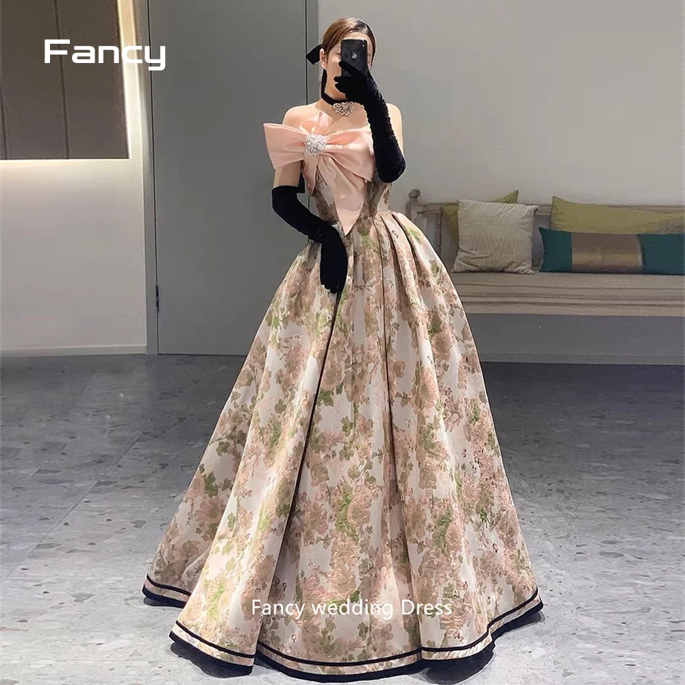 

Fancy Strapless Evening Dresses Floral Print French Style With Bow Fairy Crystal A-line Prom Party Gowns Woman Vestido