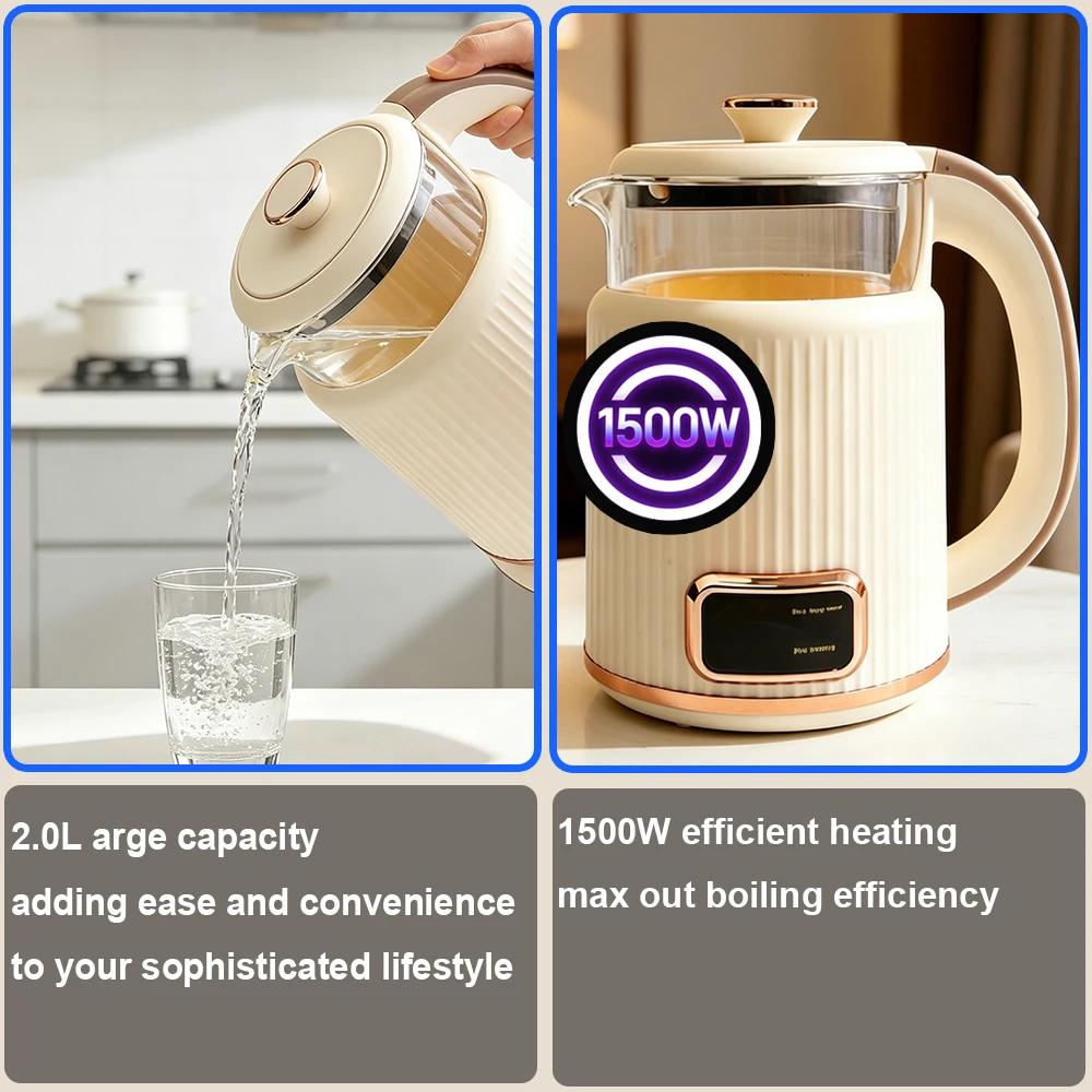 2.0L Food Grade Glass Insulated Water Pitcher Anti-Drip Leakproof Spout Anti-Scald Handle Household Daily Hydration Drinking Ket