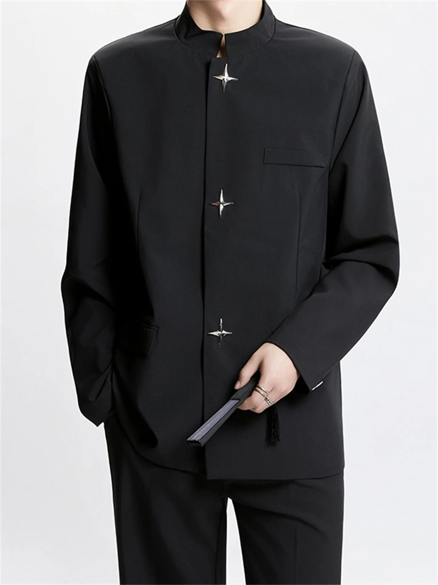 

New Chinese Sle Padded oulder Men's Casual Bla Jaet Metal Bule Slit Youth Faion Summer Long Sve Zipper Closure