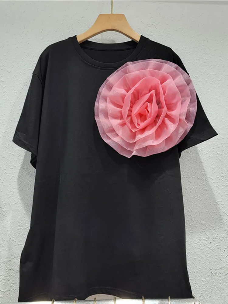 New Fashion Oversized Round Neck Short Sleeve 3D Flower Solid Color Loose T-shirt Top For Women 2024 Spring Summer X837