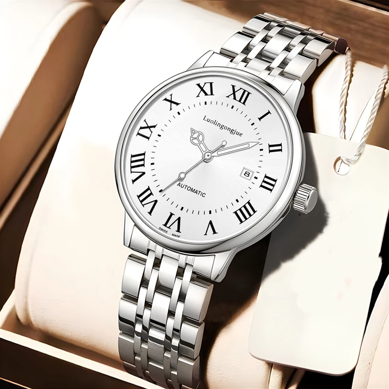 

European and American Style Luxurious Men's Business Automatic Mechanical Watch, Roman Numerals, Skeleton Design, Fashionable, Simple, Versatile and Stylish Men's Watch, Integrating Luxury and Fashion, Perfect as a Gift during Holidays and Business Gather