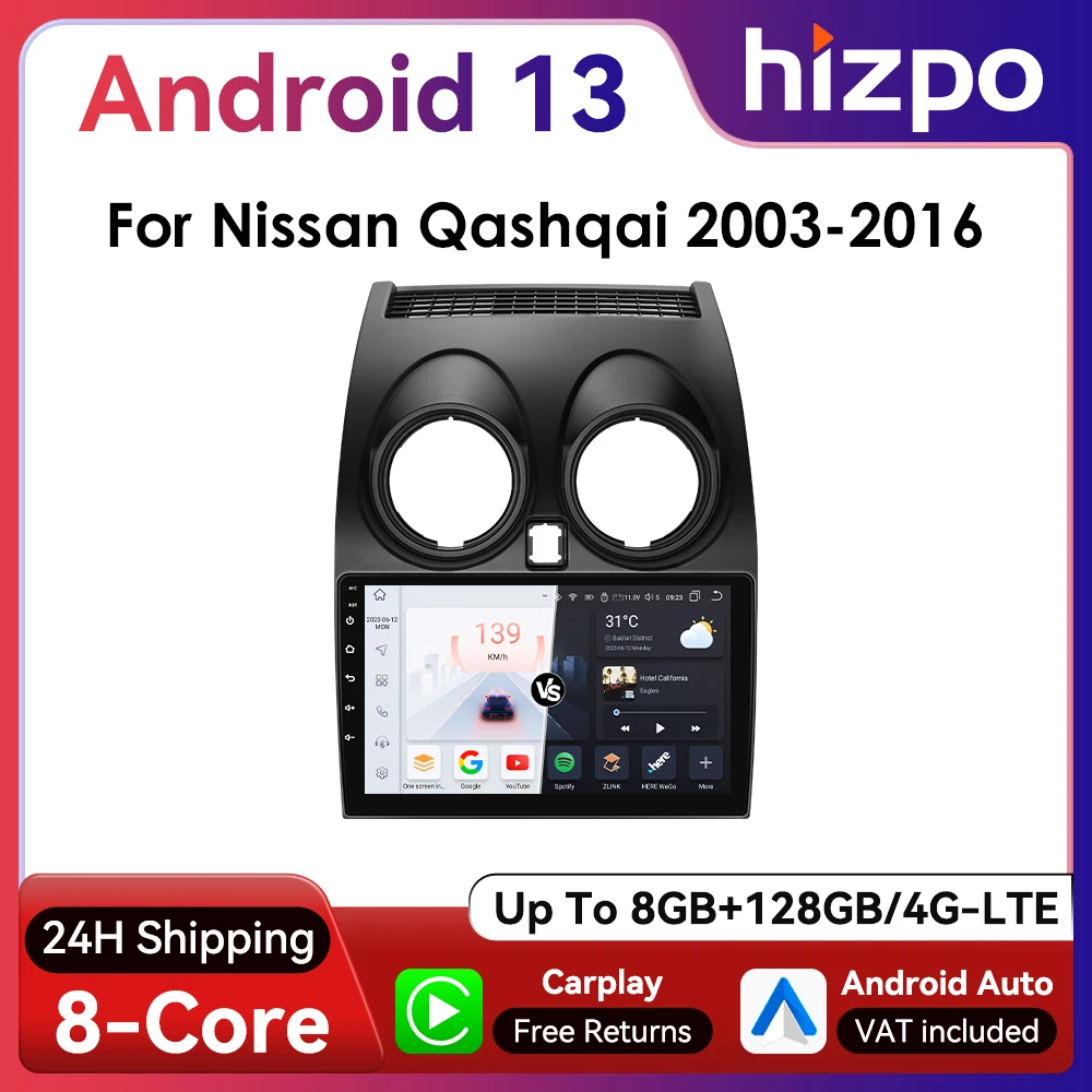 Hizpo 2Din 9inch CarPlay Android Auto Car Radio for Nissan Qashqai 2006 - 2013 Navi GPS 4G BT RDS DSP UI7862 Multimedia