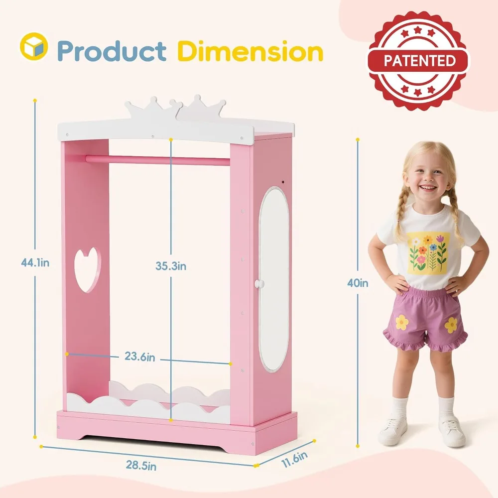 Wooden Dress Up Wardrobe with Light-Up Mirror & Jewelry Cabinet, Pretend Play Armoire Pink