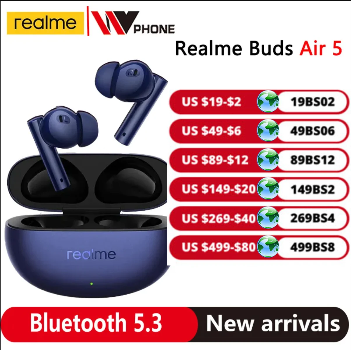 

Global Version realme Buds Air 5 TWS Earphone 50dB Active Noise Cancellation 38Hour Battery Life IPX5 Bluetooth 5.3
