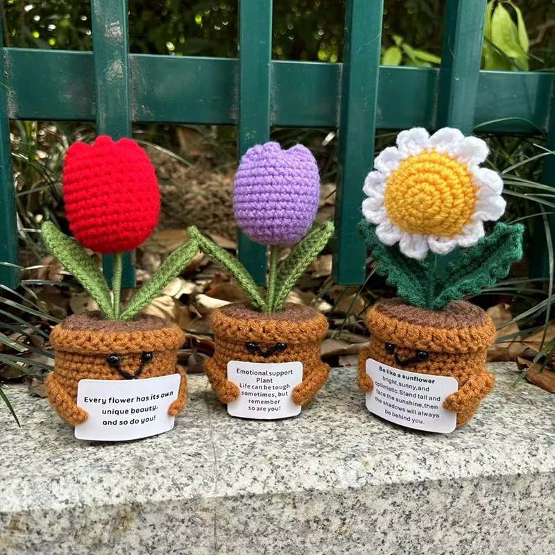 Flores de ganchillo Kawaii, tulipanes de girasol en maceta, colgante de coche en maceta, decoraciones bonitas para habitación y oficina, flores tejidas