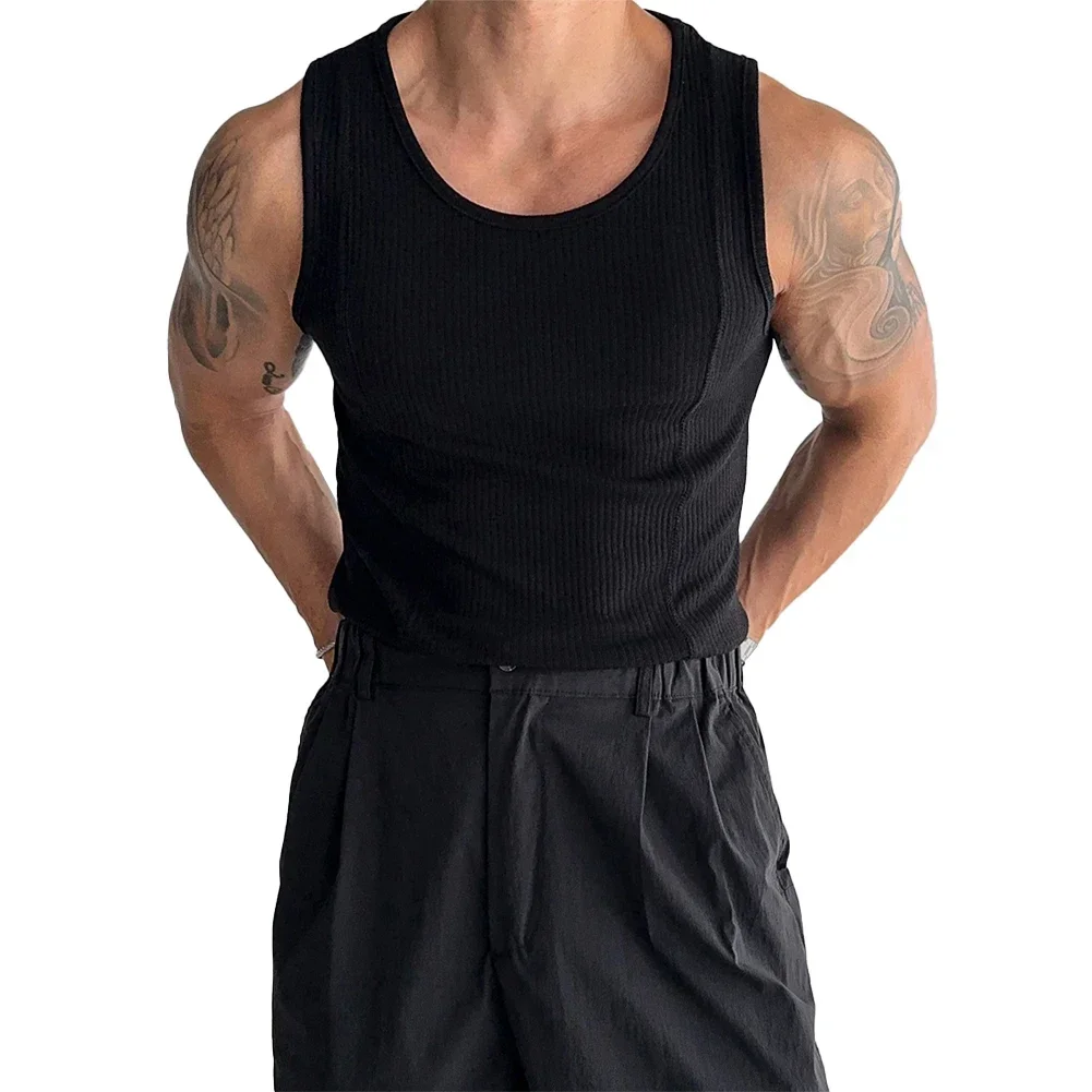 

Male Top Mens Vest Fitness Leisure Minimalist O-Neck Regular Ribbed Sleeveless Sports Stripe Tank Top Vertical