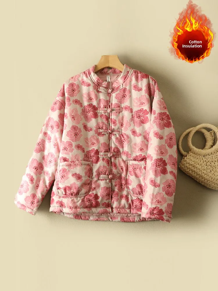 

Новое китайское удобное хлопковое джинто, женское свободное круглое пальто на пуговицах с цветочным принтом, теплое длинное пальто в стиле ретро...