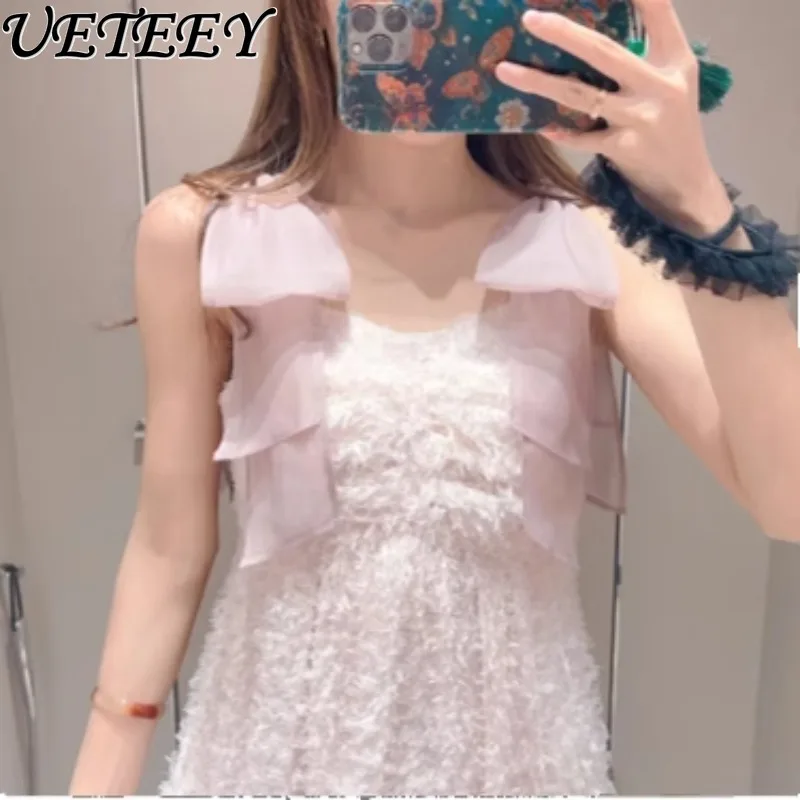 Verão novo produto férias arco cinta peludo delicado maxi vestido temperamento doce meninas fada sem mangas vestidos longos