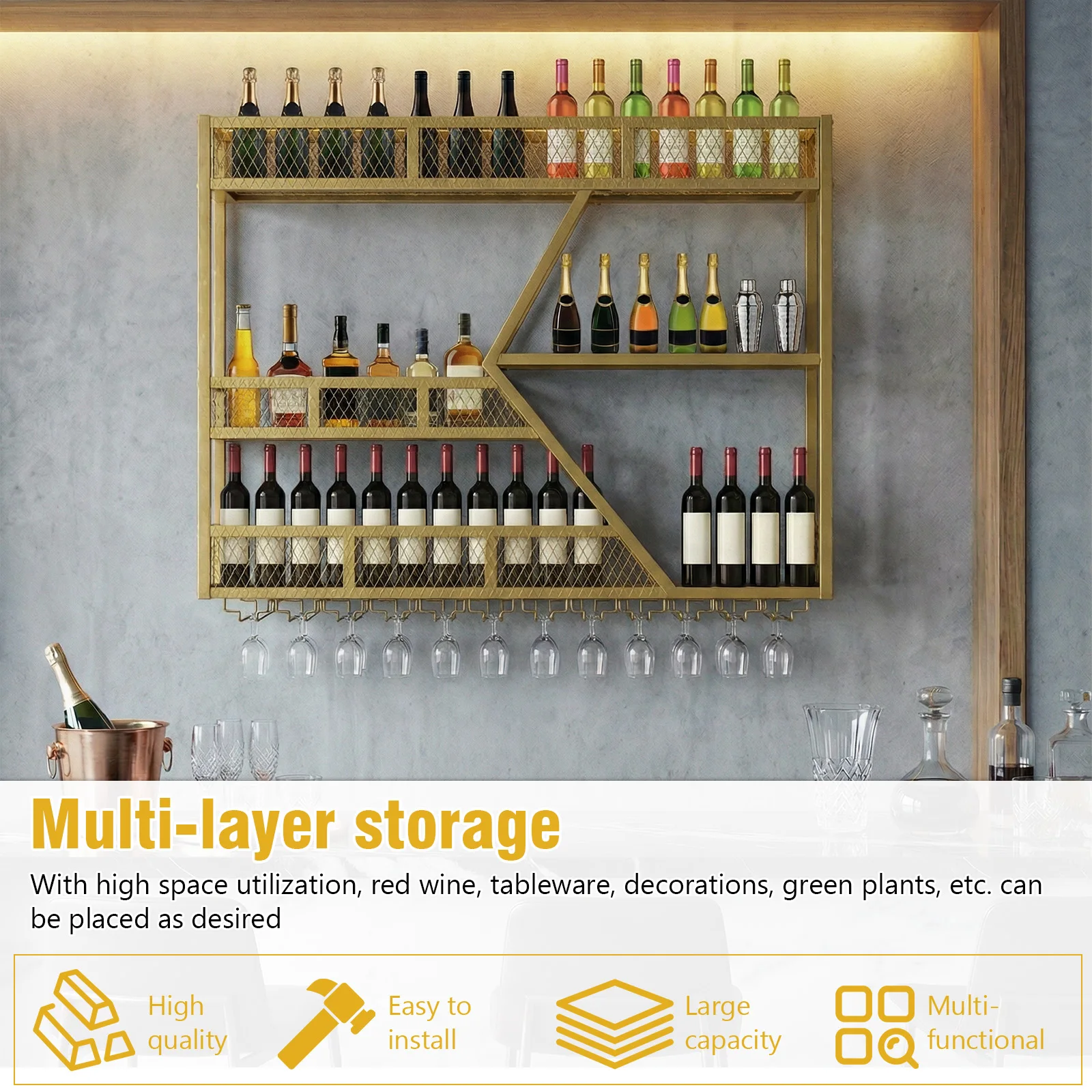 

39in 3-Tiers Liquor Bottle Display Shelf with Glass Holder Floating Wine Rack for Kitchen Bar Dining Rooms Decoration