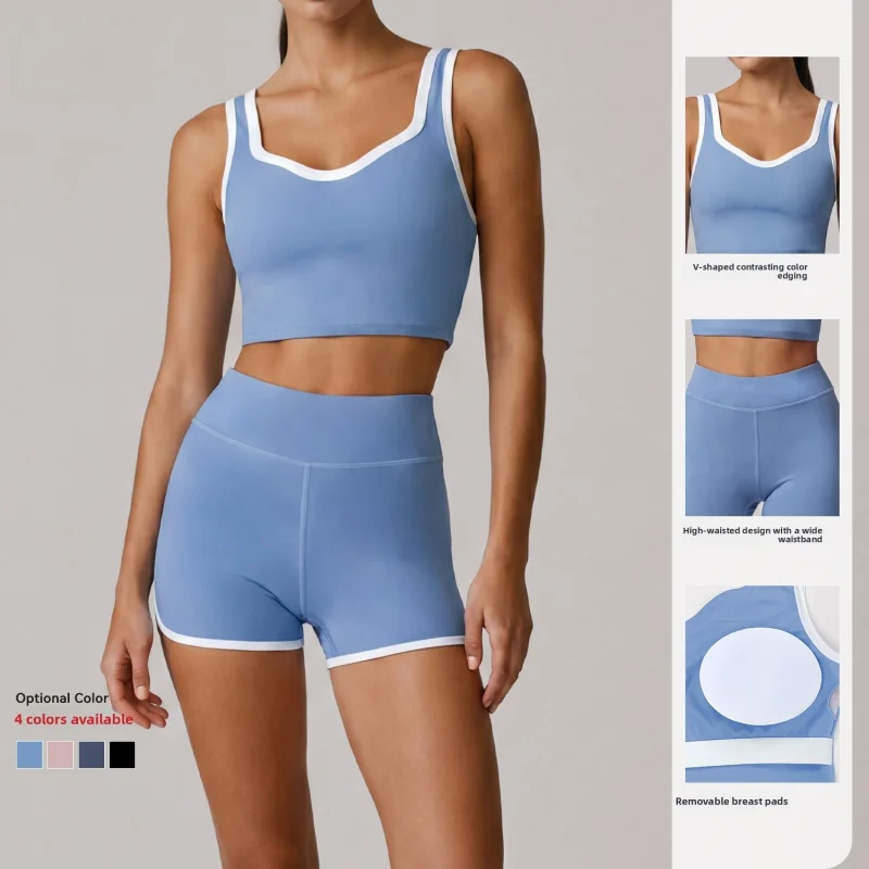 Women Summer Yoga Outfit High Waist Butt Lifting Fitness Shorts Color Block Back Shockproof Sports Bra Running Training Workout