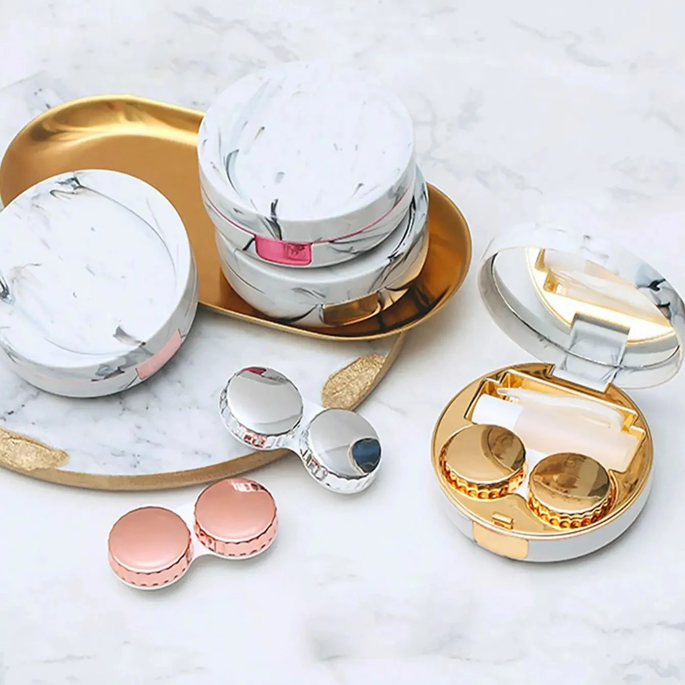 

1PC - Round Marble Pattern Beauty Eye Contact Lens Box Dual Case Storage Lens Box Contact Lens Dual Case