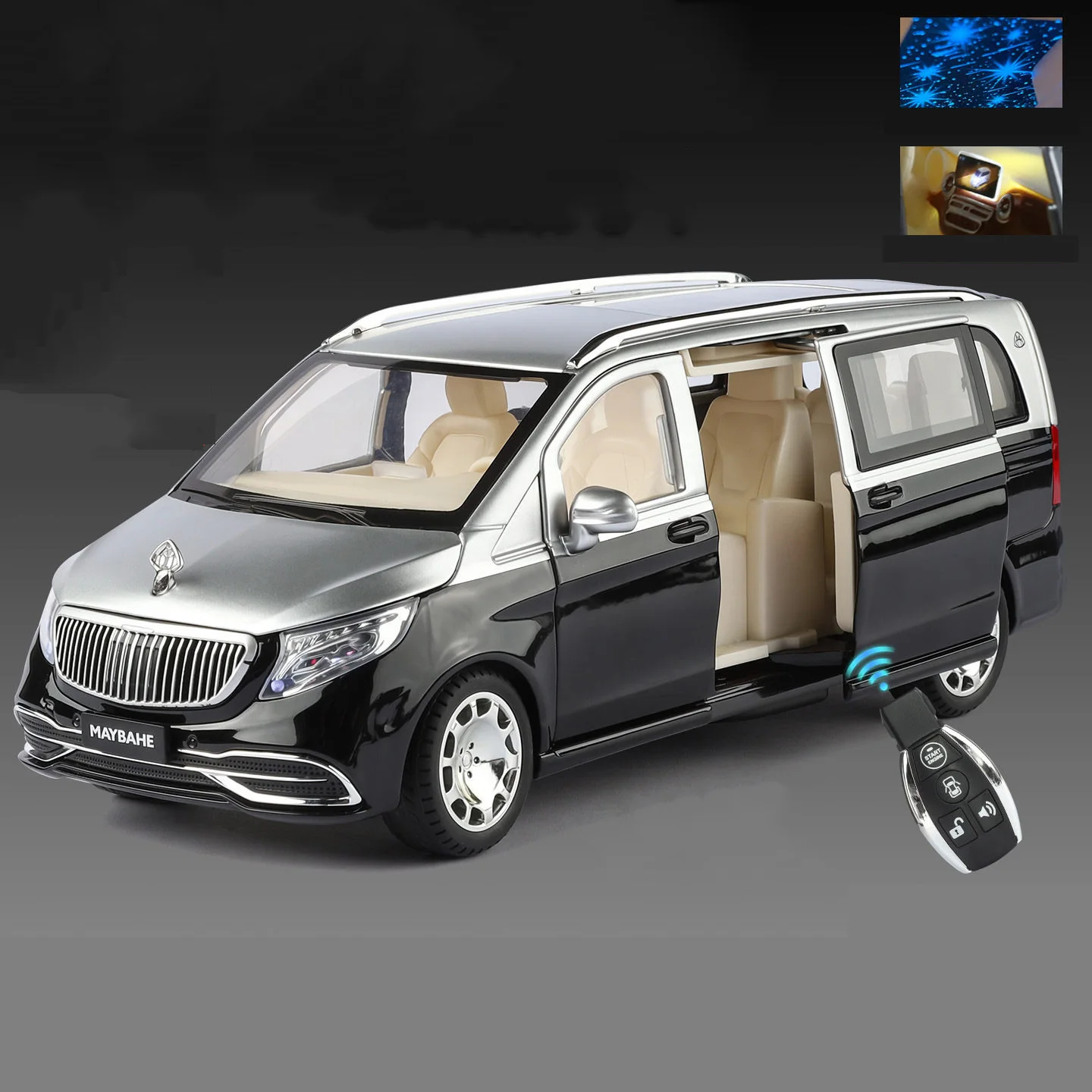 Modèle de voiture miniature en alliage Key Control 1:24 Maybachs VITO VS680 MPV Luxy, véhicules en métal, modèle de voiture avec simulation de son et de lumière, cadeau pour enfants
