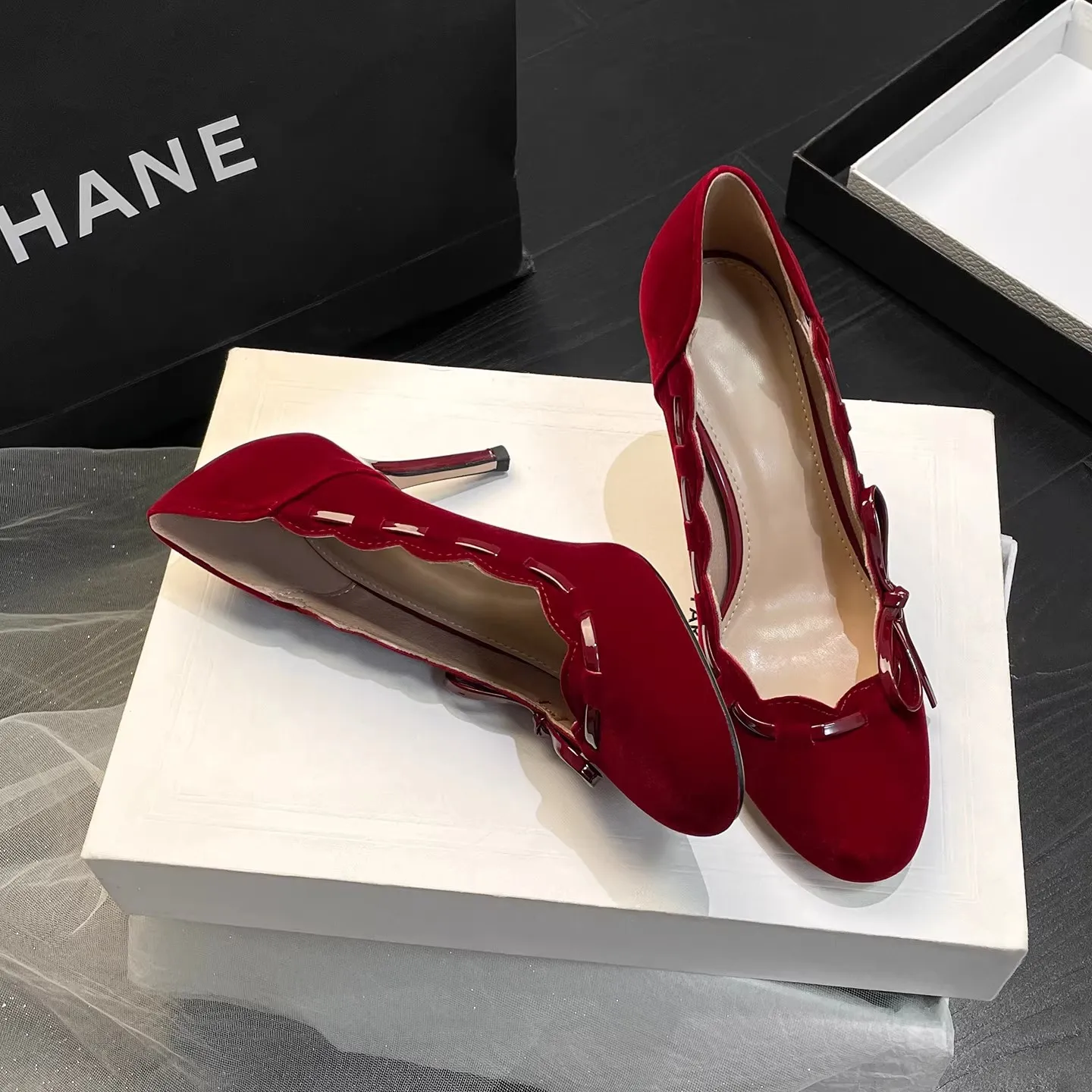 

Red Bowtie Mary Jane High Heels Women's Chinese Style Show Heel Shoes round Head Velvet Surface Semi-Up Booties Single Shoes