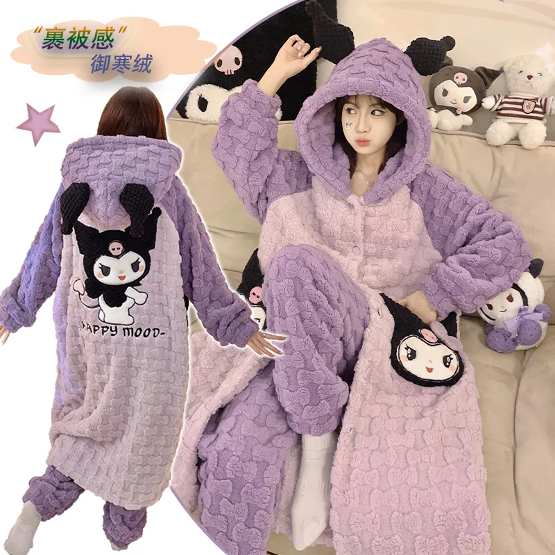 2 قطعة Kuromi المرجان الصوف ثوب النوم الشتاء المرأة منامة مرحبا كيتي الكرتون سينامورول سميكة طويلة رداء دافئ المتسكعون #2