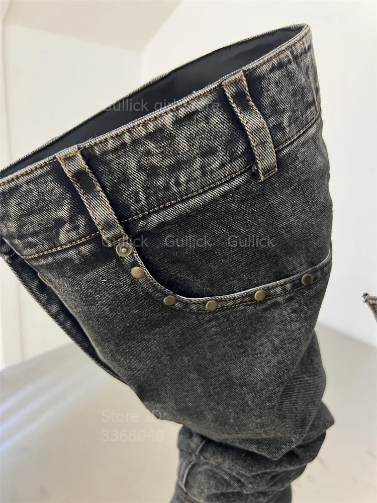 Stiletto Thin High Heel Sexy Pointy Toe Pleated Slouchy Denim Grey Knee High Boots Slip On 2026 Winter Women Dress Shoes view 3
