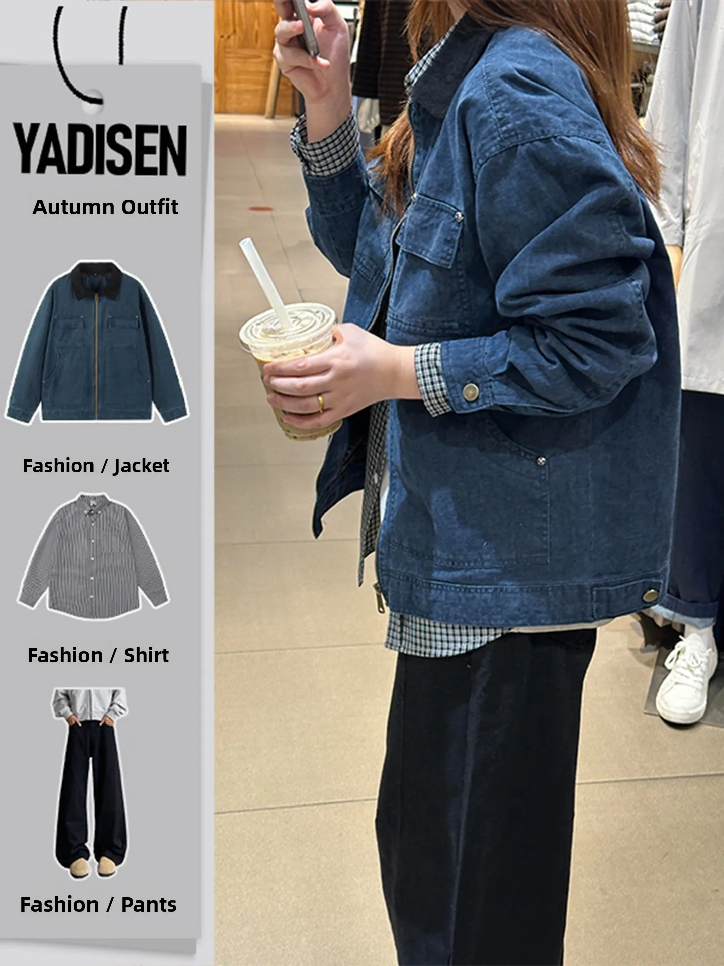 

Blue Workwear Jacket Baseball Style Collared Men's Women's Korean Early Autumn Outfit Retro Shirt Pants Short Length