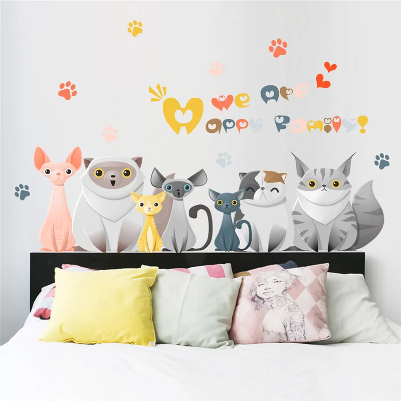 

Cute Cat Family Wall Stickers Home Decoration Diy Cartoon Kitten Animal 3d Mural Art Kids Room Decorative PVC Decal
