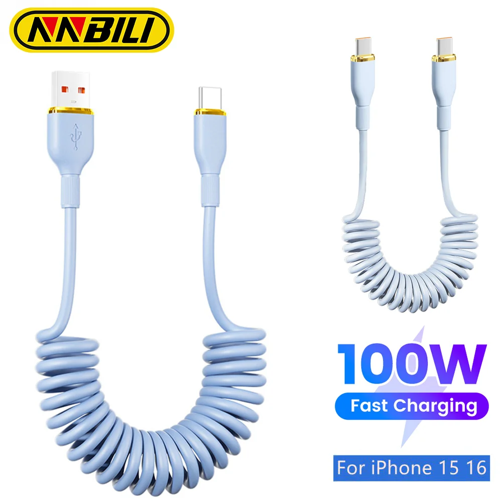 NNBILI 100W Car Spring USB C Cable For Xiaomi Huawei 66W USB C To Type C Fast Charging Cable For iPhone 15 16 Quick Charge Cable