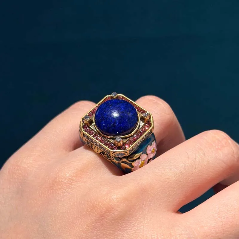 Vintage Square Red Blue Rhinestone Flower Rings - Image 4
