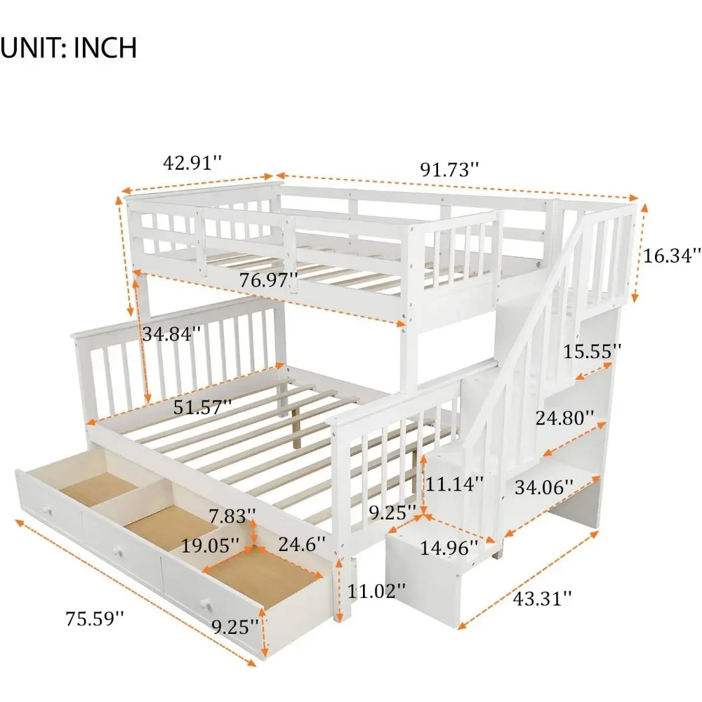 Bunk Bed, with Drawer,4 Storage and Guard Rail,for Bedroom, Dorm, for Family,Teens,Wood Bunk Bed Frame