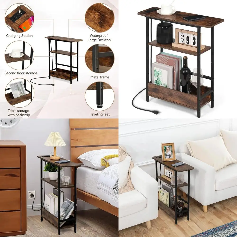

Ultra-Slim 3-Tier End Table with USB-C Charging & Magazine Rack for Compact Spaces
