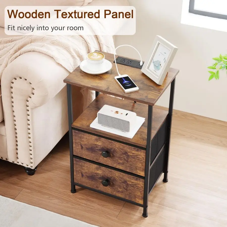 

Stand Set 2, Nightstand with Charging Station, End Tables with Storage Shelf for Small Spaces, Bedside Table Side Tables with 2