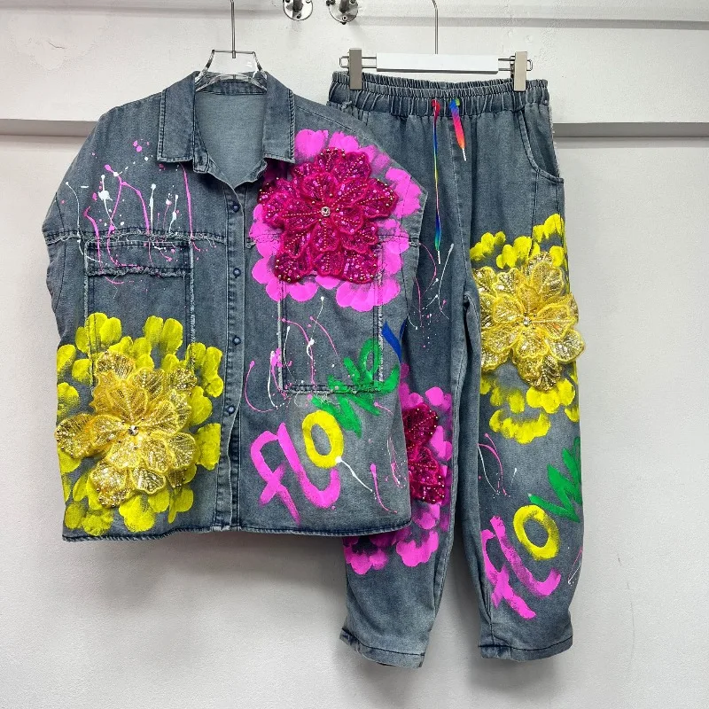 

2025 New Summer Women's Vintage Niche Design Heavy-Duty Denim Set with 3D Floral Pattern and Hand-Painted Jeans Trendy Outfit
