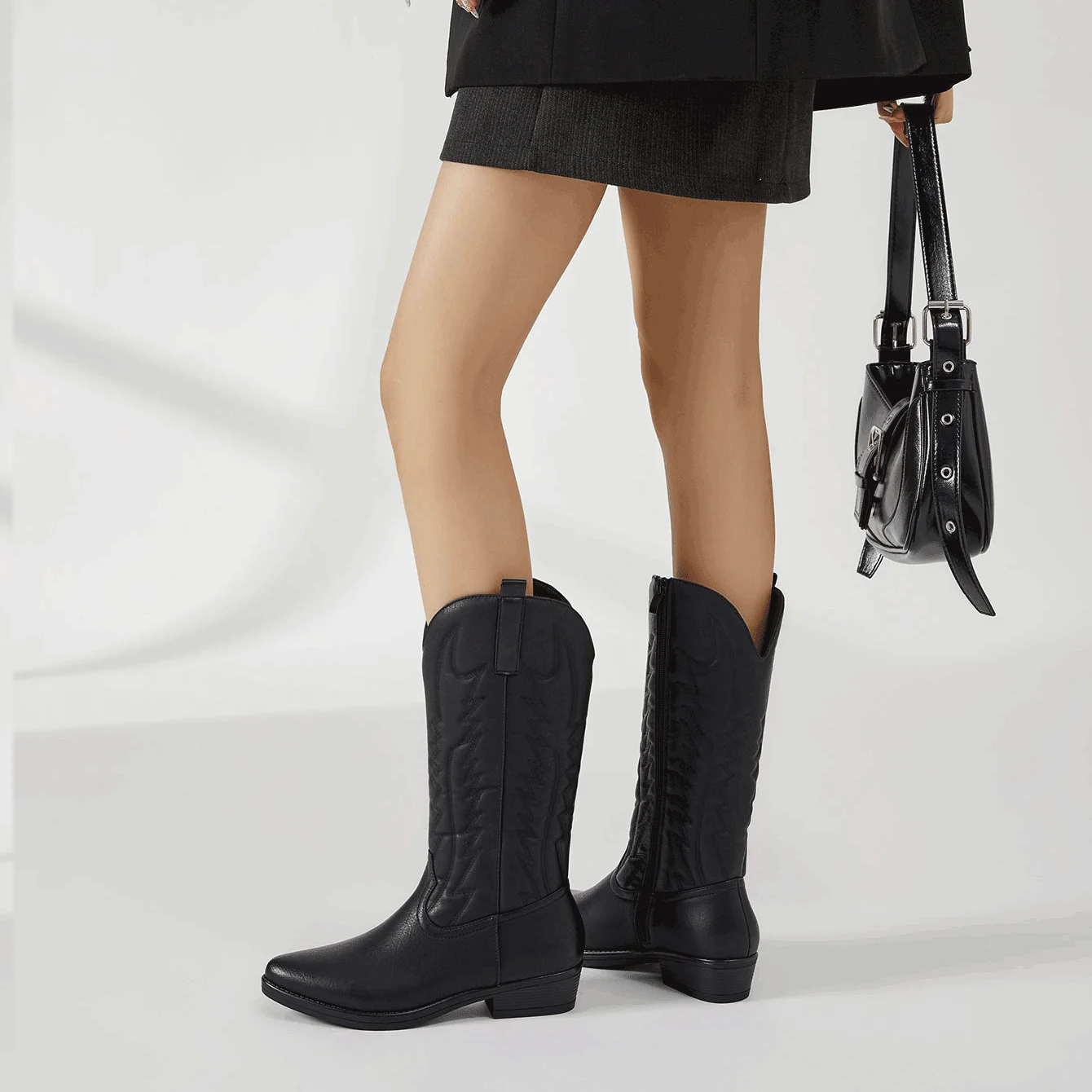 Desai Damen Westernstiefel aus Kunstleder, mittelhohe Cowboy-Stiefel mit Stickerei, seitlichem Reißverschluss, niedrigem Absatz, bequem, Vintage, Herbst/Winter – Detail 5
