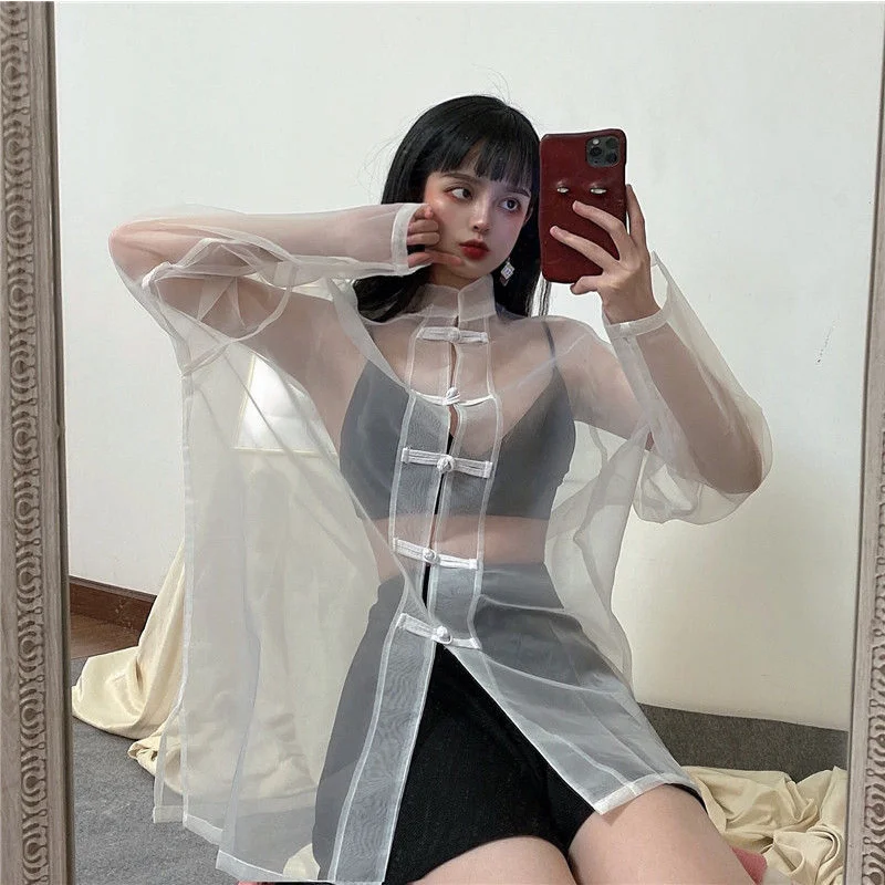 QWEEK Transparent Blouse Women Korean Fashion White Oversized Shirt Mesh Tops Long Sleeve Chic Beautiful Sexy Summer 2023 Female