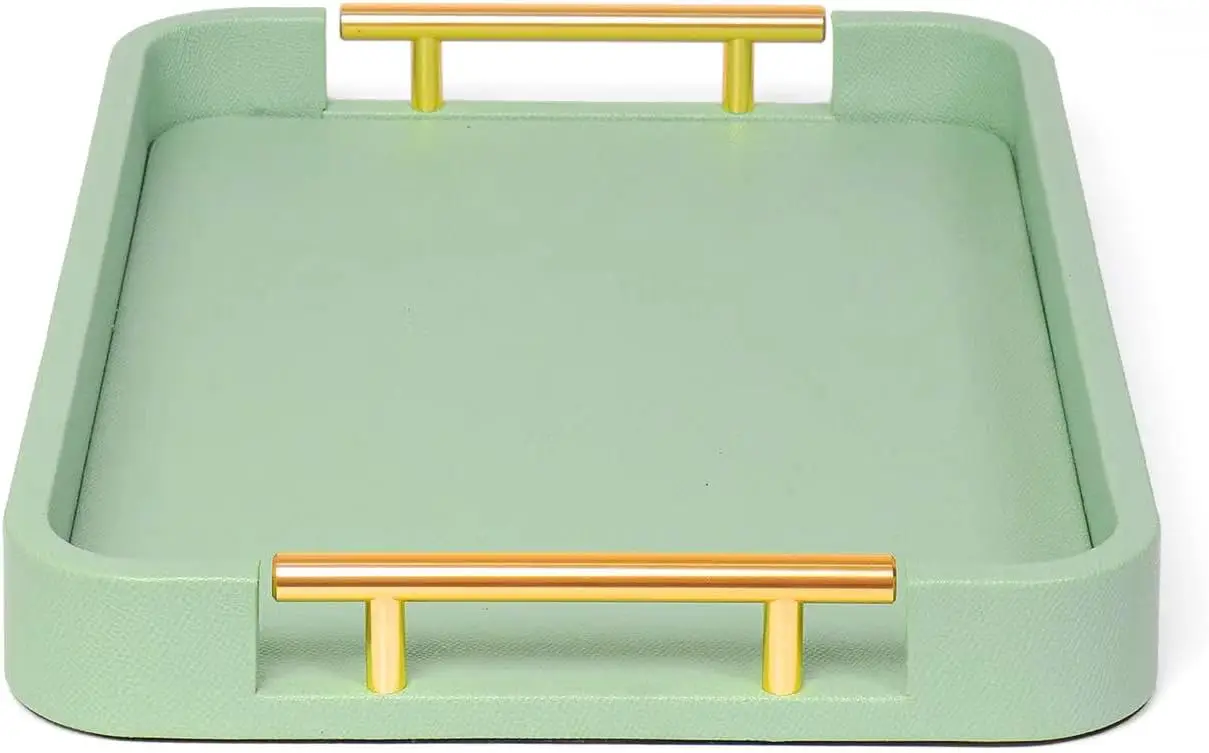 

Green Shagreen Decorative 16X12Inch Scalloped Coffee Table Tray For Ottoman Faux Leather Serving Tray With Brushed Gold Handles