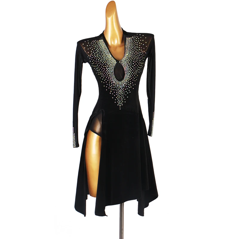 Latin Dress Dance Competition Performance Stage Costume Ballroom Pratice Wear Velvet Slit Rhinestones Nightclub Outfits