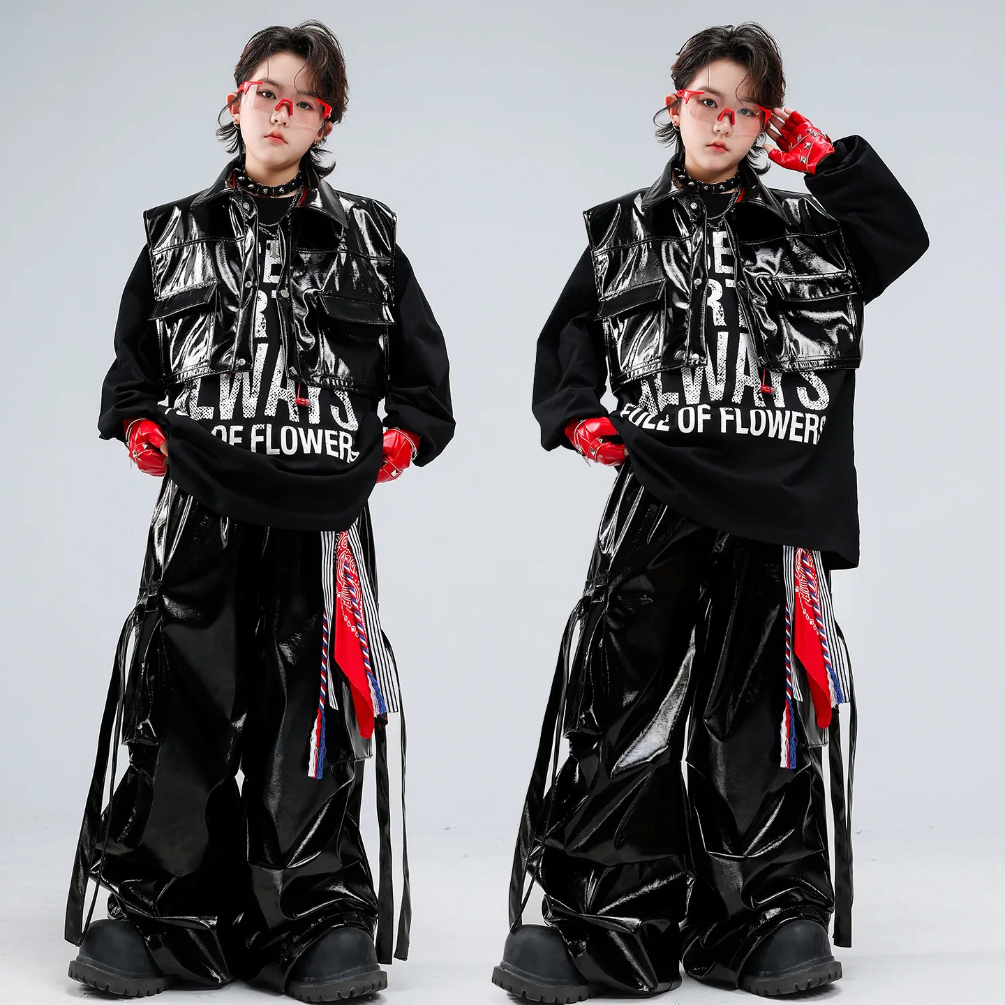 

Kid Kpop Hip Hop Clothing Black Faux Leather Crop Vest Top Casual Strap Cargo Pants for Girl Boy Street Dance Costumes Clothes