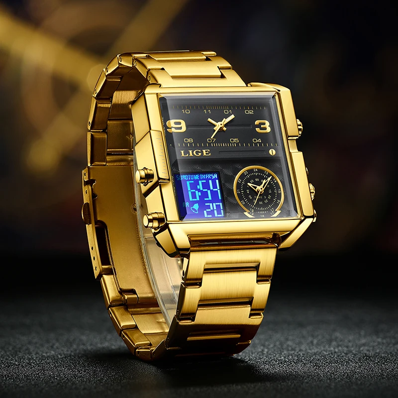 LIGE Fashion Gold Steel Men Watch Digital Dual Display Watch Sports Chronograph Waterproof Quartz Wristwatch Man Business Watch