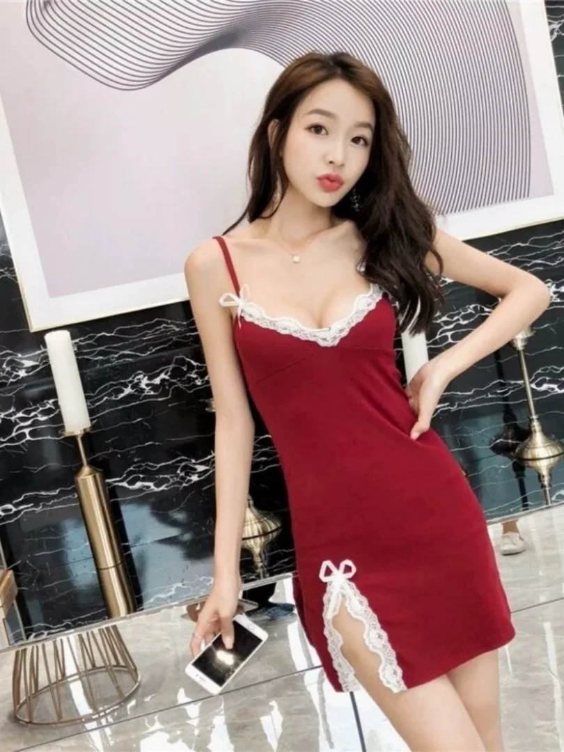 

Special Large Size Sexy Lace Patchwork V-neck Strap Sleep Dress Split Hem Home Clothes Women's Sweet Style Summer Thin Material