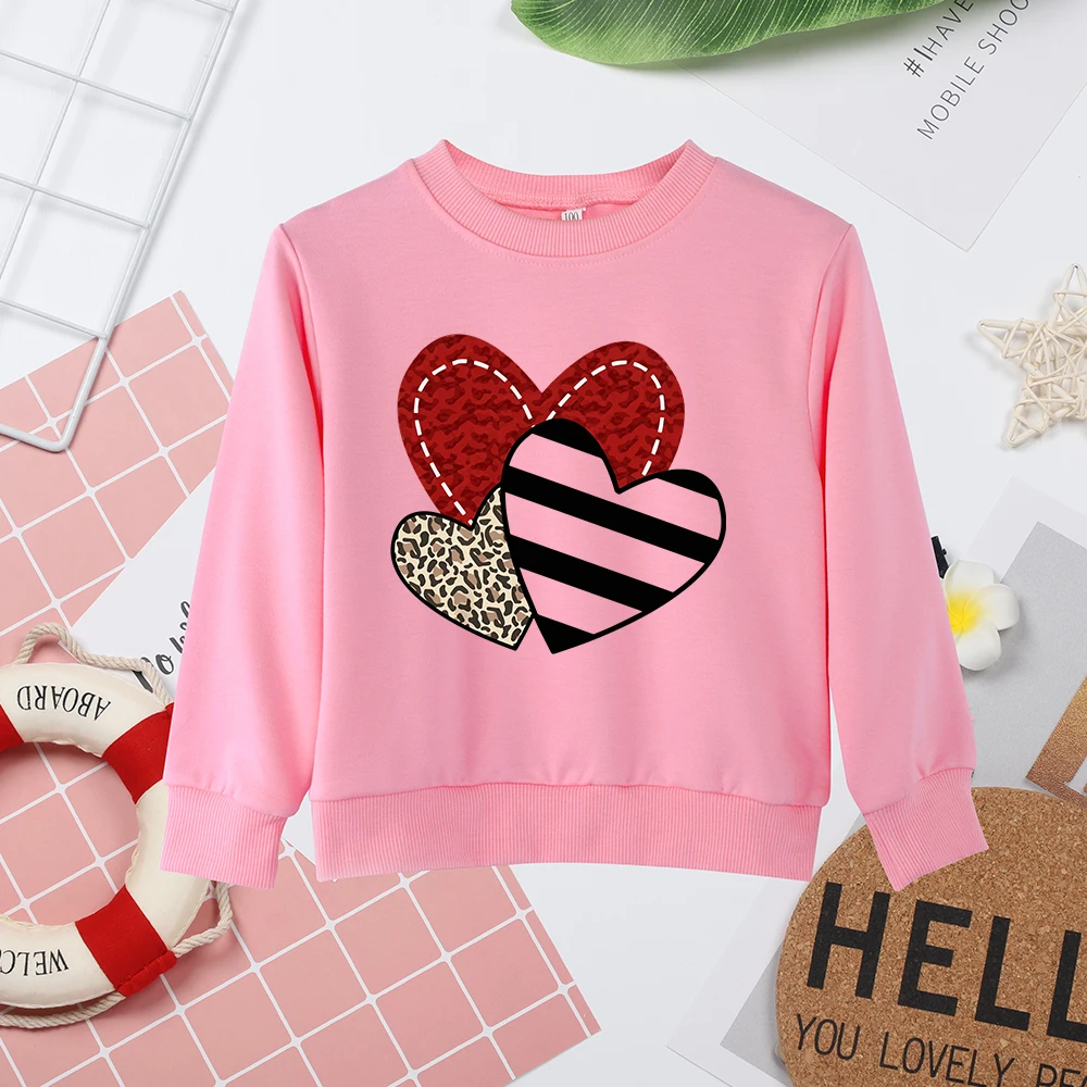 Pink High Quality Kids Sweatshirts O Neck Clothes Love Heart Print All-match Popular Trendy Child Hoodless Tops Sweater Dropship