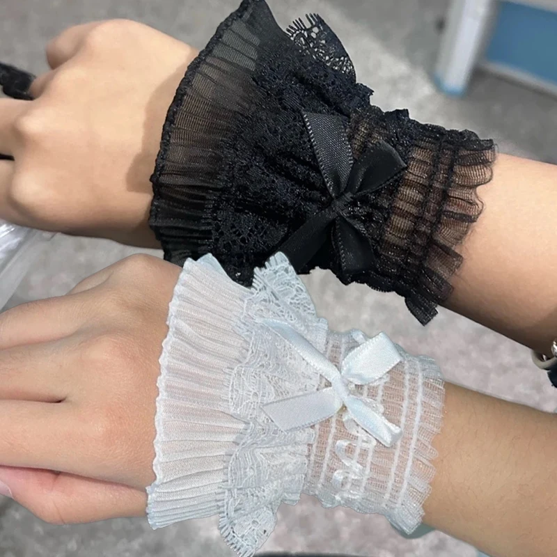 

Элегантные женские съемные рукава-манжеты в стиле Лолита: черные кружевные, с оборками и цветочным узором, эластичные, короткие
