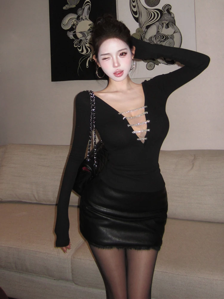 Pure Desires Black Deep V-neck Long Sleeve T-shirt Top And Skirt Set Splice Hollow out Design Women's Fashion Casual Outfit