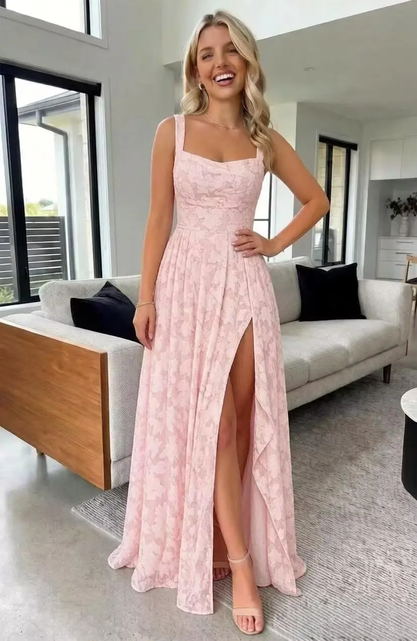 

Bridesmaid Dresses Long Floral Chiffon Slit Ruffle Slit Pleated Formal Dresses for Women Elegant Dress Women for Wedding Party