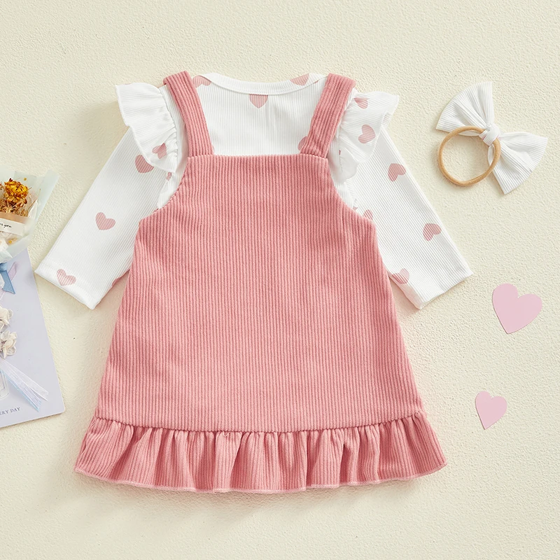 Baby Girls 3Pcs Spring Outfits Heart Print Romper Suspender Skirt Headband Set Newborn Clothes