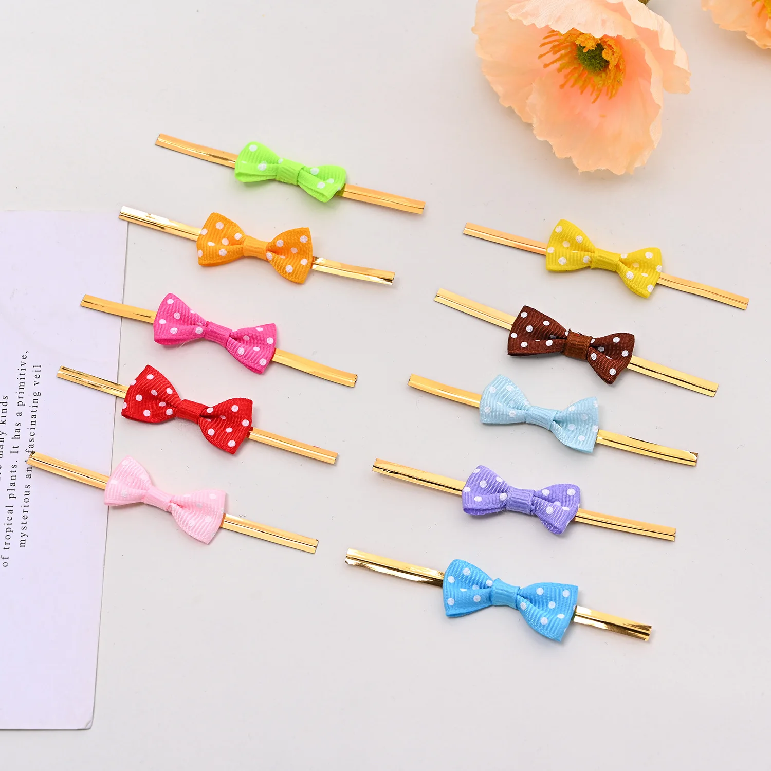 

50Pcs/Lot Polka-dot Grosgrain Bow Tie Wrapping Golded Binding Wire Bow For DIY Crafts Candy Gift Bags Fastener Sealing Fixed Tie