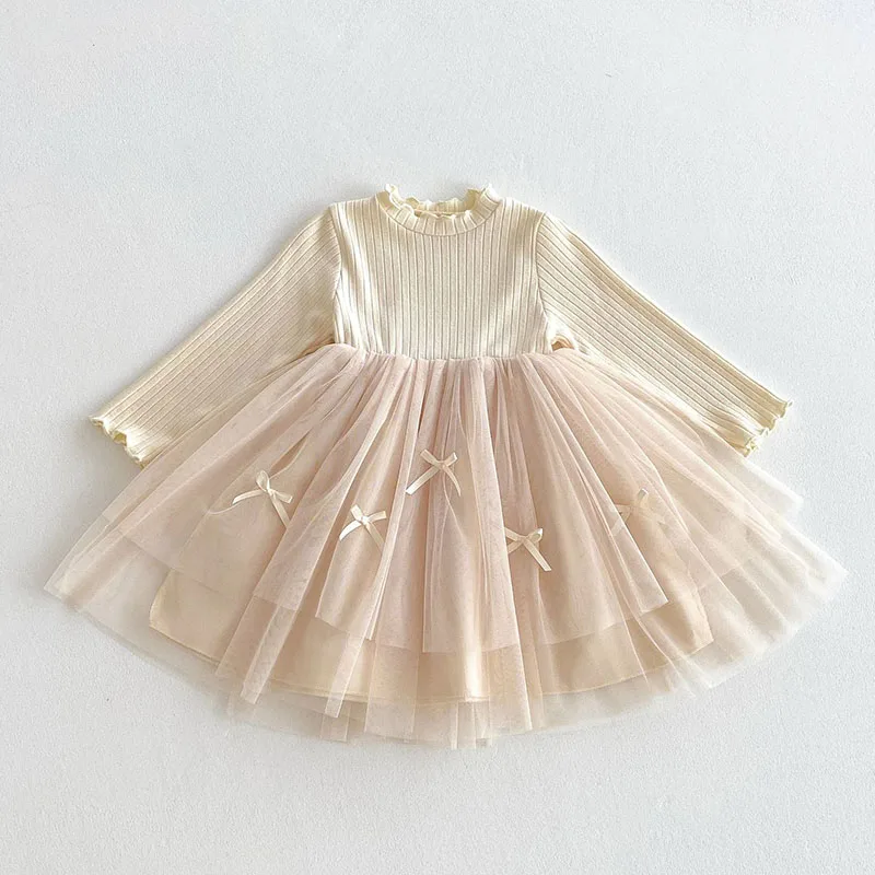 2025 New Spring Sister Dress 2-6Yrs Girl Party Dress Long Sleeved Cotton Mesh Splicing Kids Princess Dresses Children Clothes