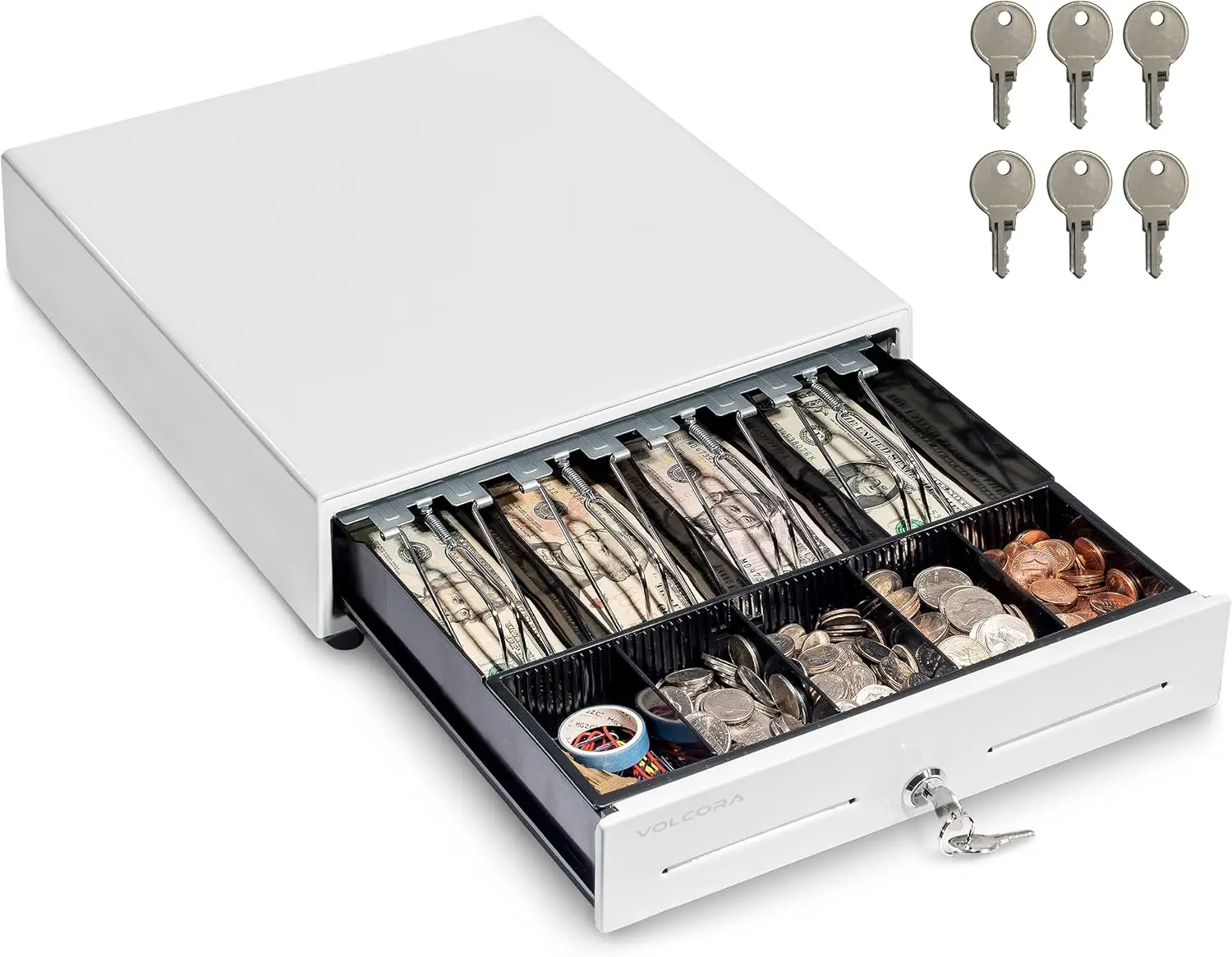 

13" POS Cash Register Drawer with 4 Bill/5 Coin Tray, Removable Compartment, 24V, Key-Lock, Media Slot - White for Stores