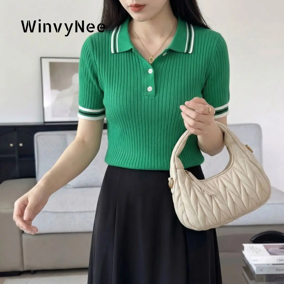 

WinvyNee Women's Spring Summer Slim Fitted T-Shirt Ribbed Polo Collar Color Block Short Sleeve Casual Daily Wear Top ZA1002031
