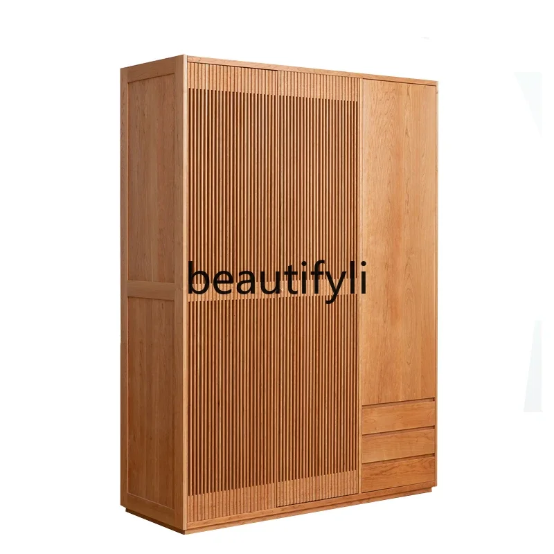 Nordic simple modern all-solid wood wardrobe cherry wood black walnut wardrobe door grille three-door combination wardrobe