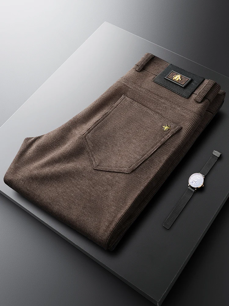 

Осень-зима, мужские повседневные брюки кофейного цвета, тонкие, прямые, в тонкую полоску, бархатные деловые брюки для поездок на работу
