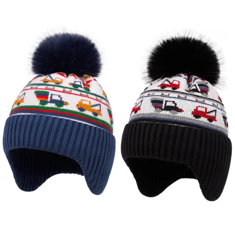 الشتاء الاطفال محبوك قبعة الكرتون سيارة مطبوعة قبعة للبنين بنات قبعات حماية الأذن بالإضافة إلى الملحقات المخملية في الهواء الطلق دفئا