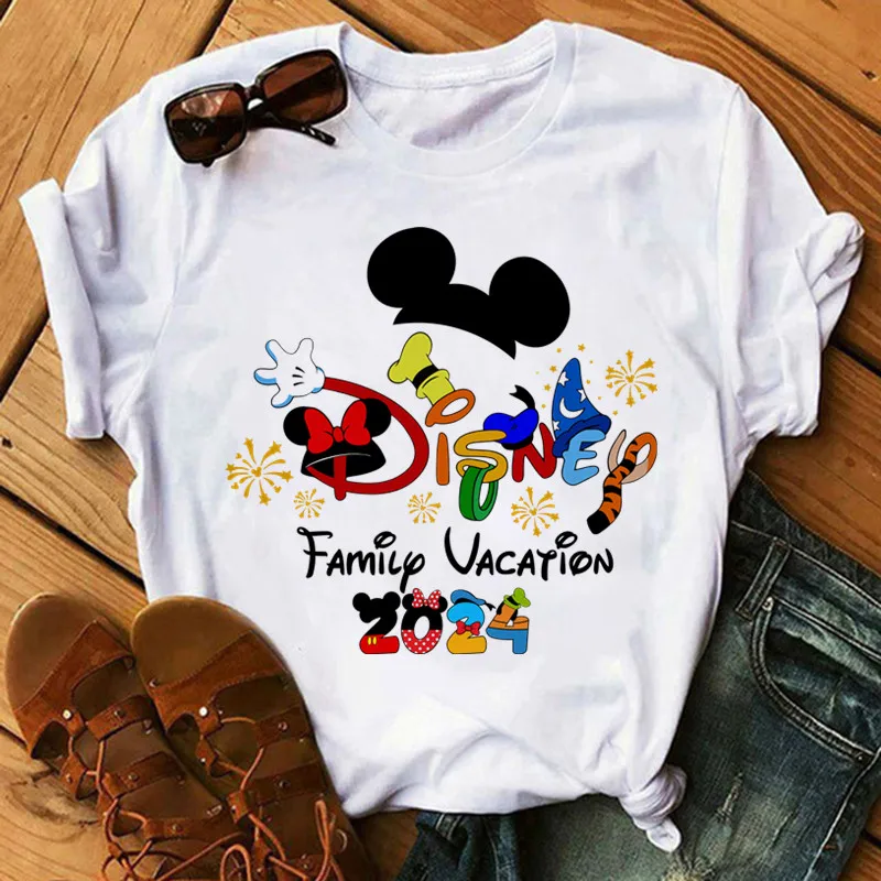 2024 Disney Trip Mickey Minnie Mouse White T-Shirts Y2k Fashion Female Streetwear Casual Tops Tee