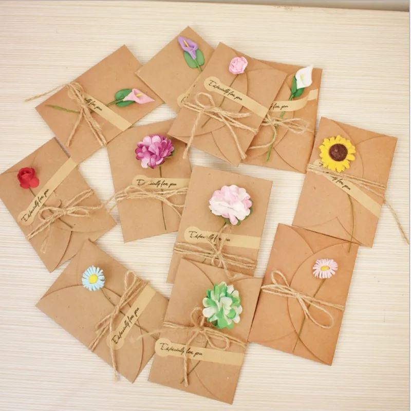 3packs Vintage Kraft Paper Handmade Dried Flower Hemp Rope Envelope+Card Sunflower Carnation Rose wedding Christmas gift